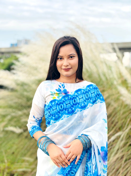 Kashful Saree – White & Blue